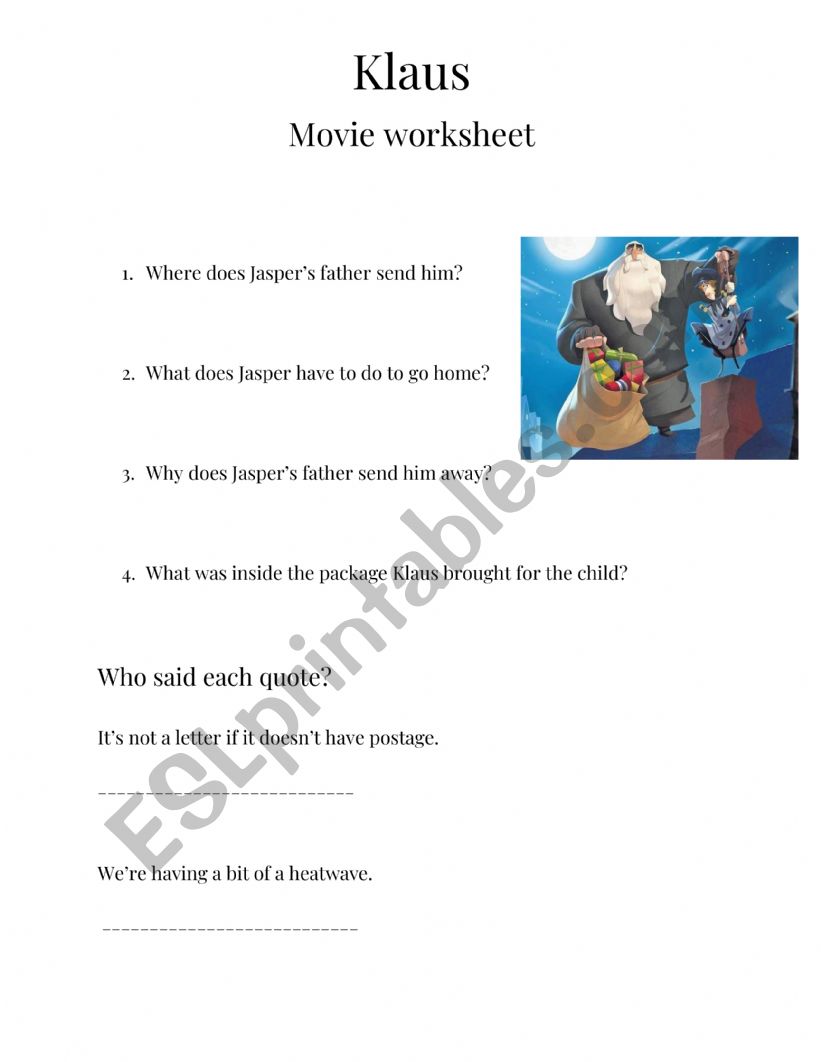 Klaus Movie Worksheet worksheet
