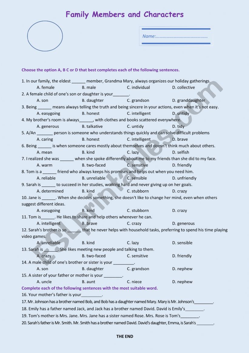 FAMILY MEMBERS + CHARACTERS worksheet