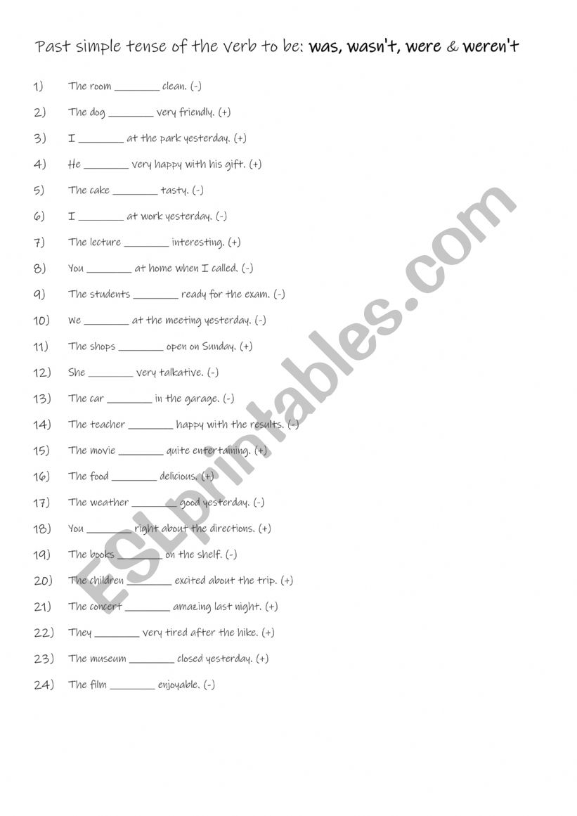 Past simple tense of the verb to be: was, was not, were & were not