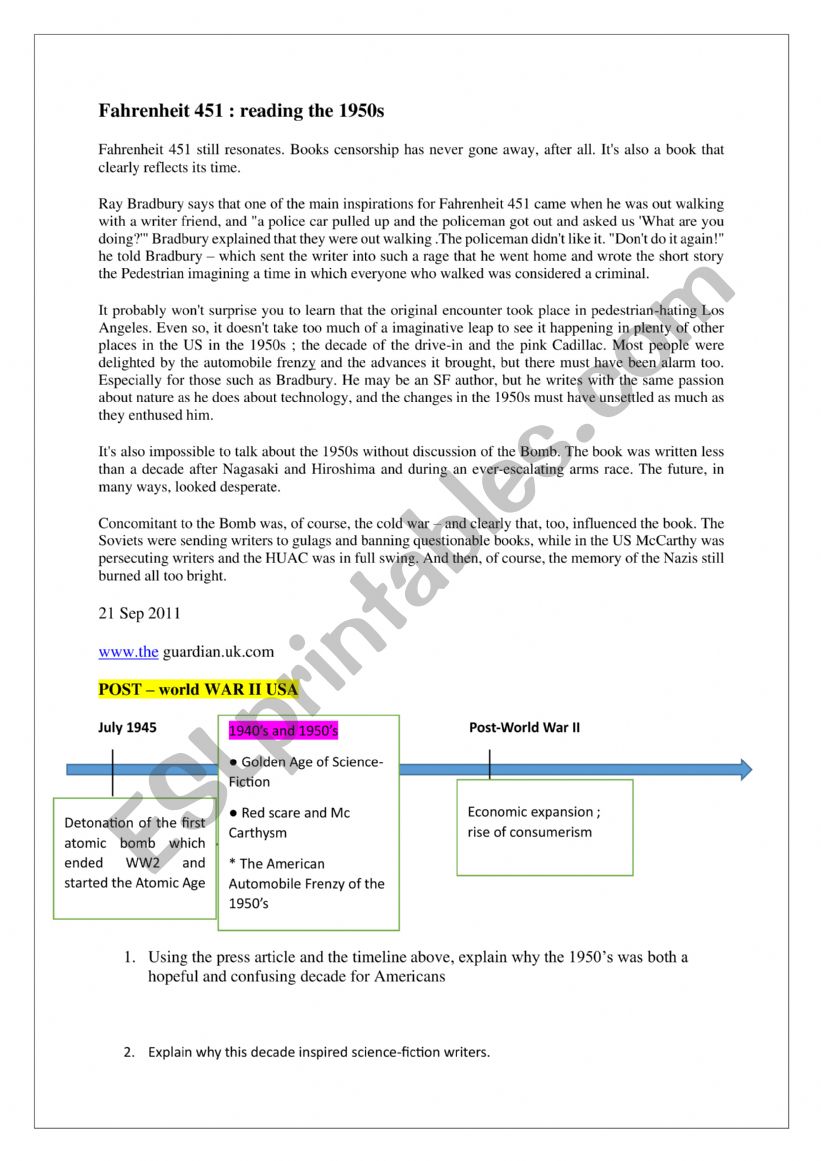 Fahrenheit 451  worksheet