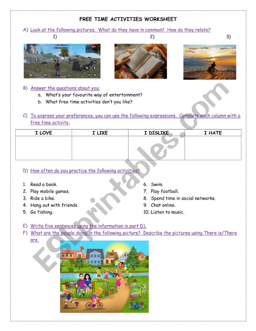 Free time activities worksheet