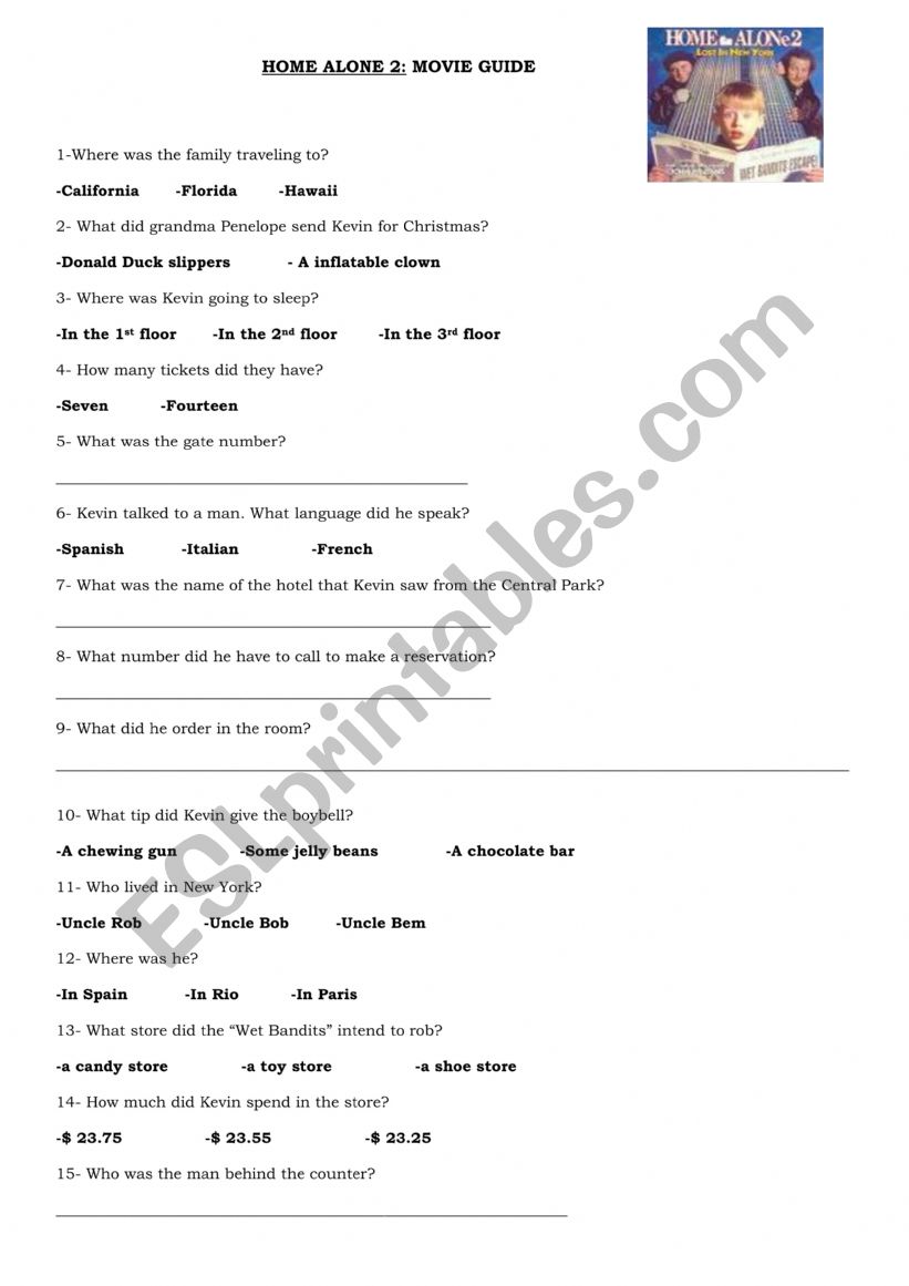 Home Alone 2 Movie Guide worksheet