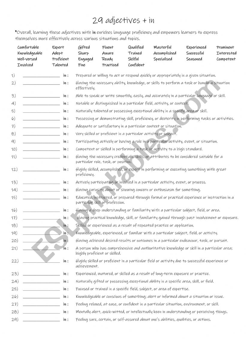 29 adjectives + in  worksheet