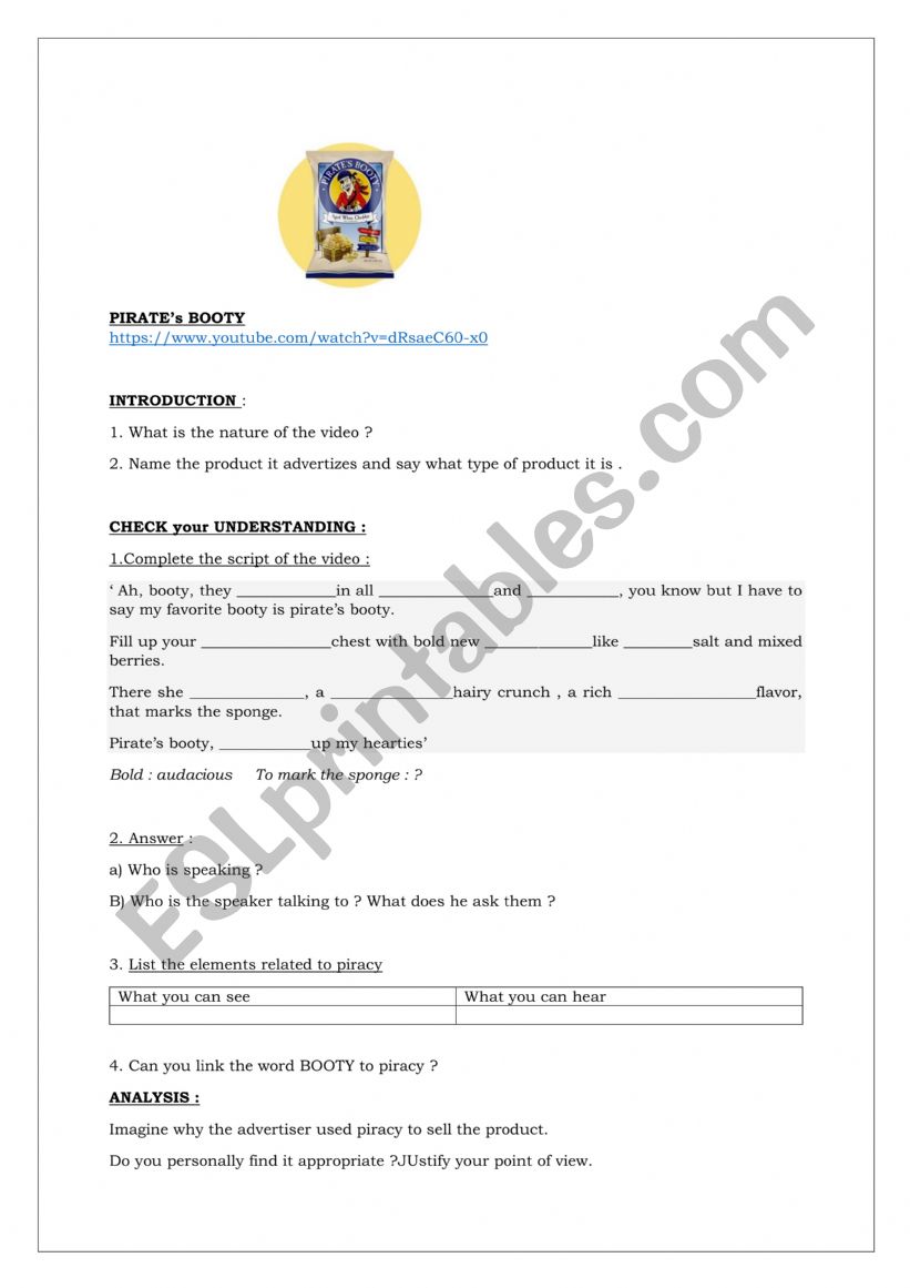 Pirate�s Booty Commercial worksheet