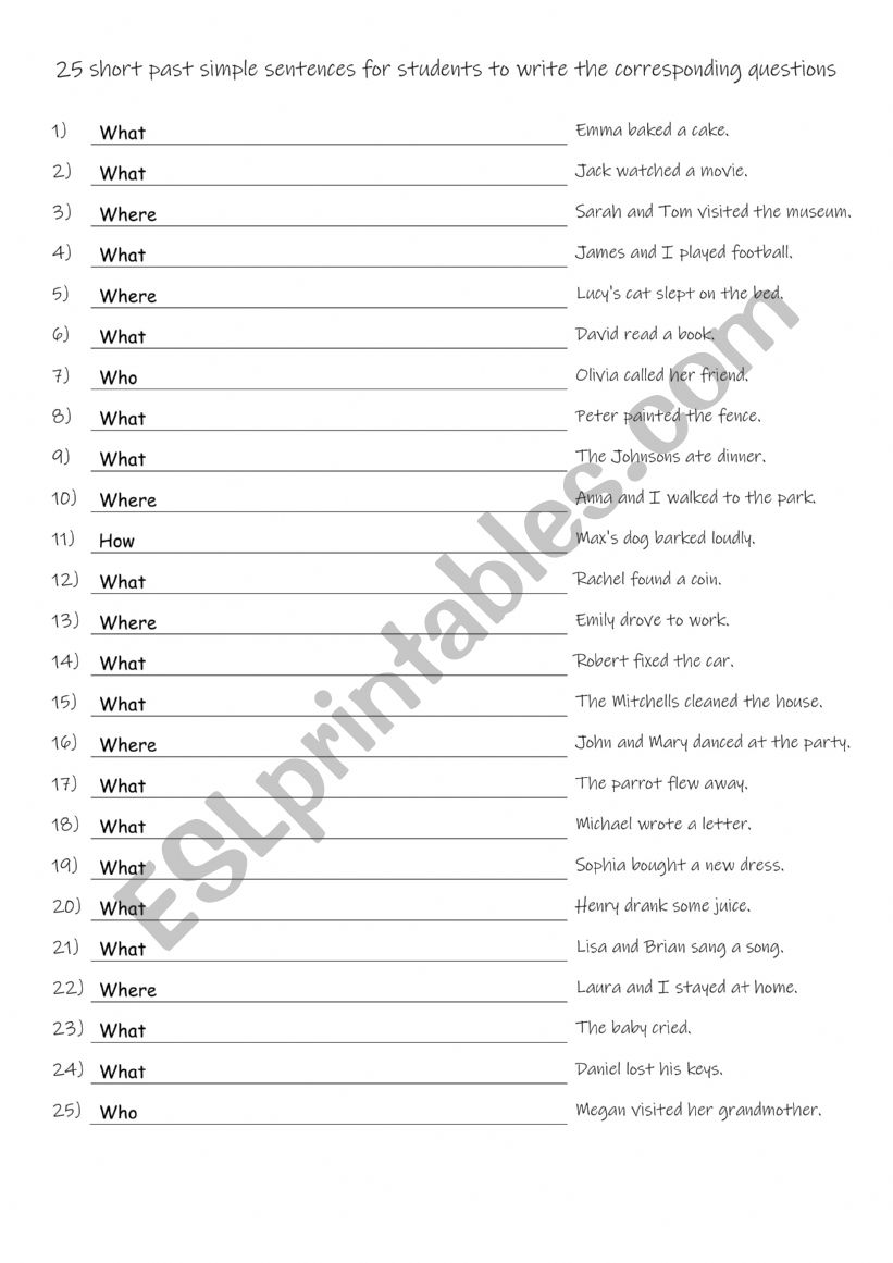 A1 25 short past simple sentences for students to write the corresponding questions