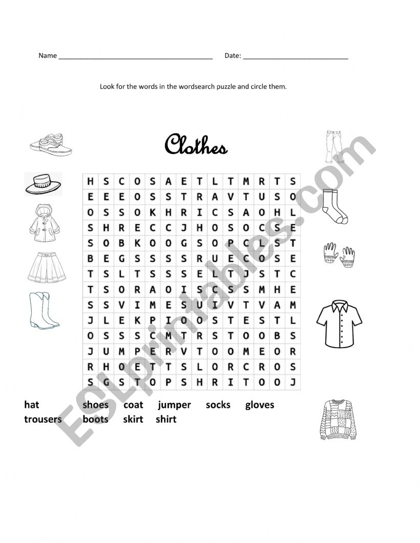 Clothes wordsearch Puzzle worksheet
