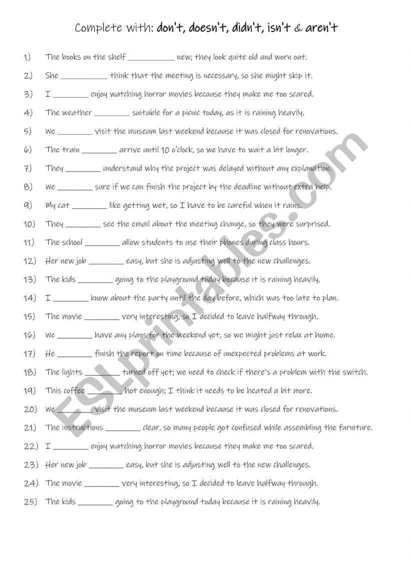 A1-A2 Complete with don�t, doesn�t, didn�t, isn�t & aren�t practise