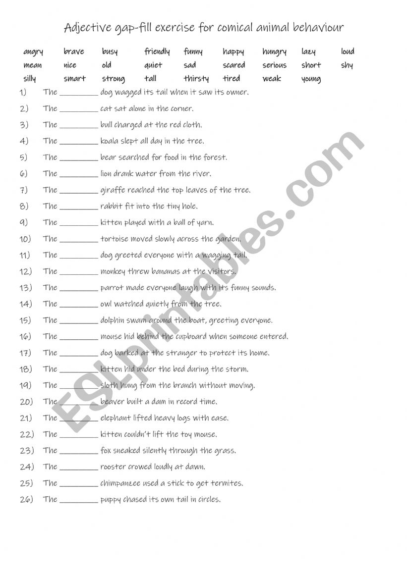 A1+-A2 Adjective gap-fill exercise for usual animal behaviour