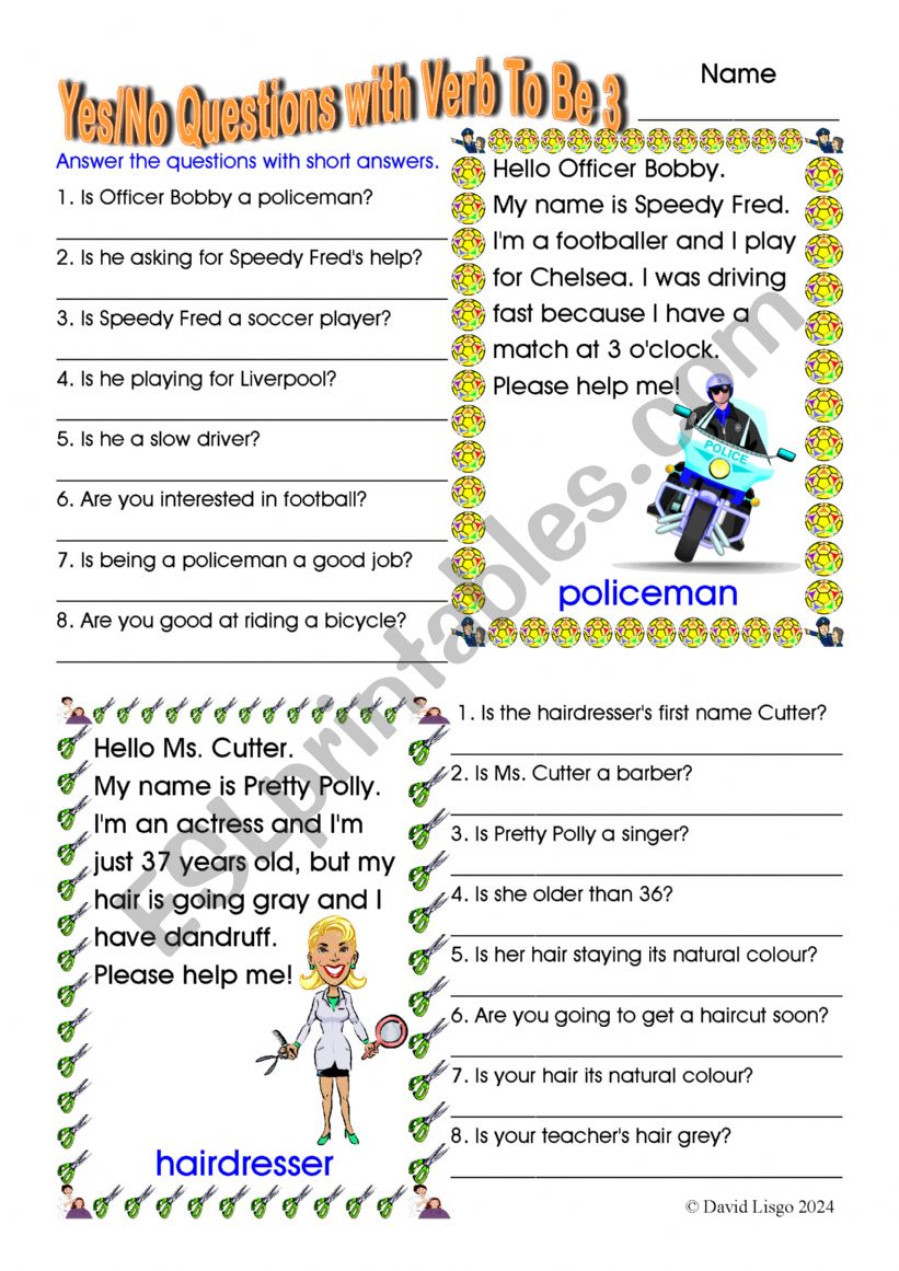 Yes/No Questions with Verb To Be 3 and answer keys.