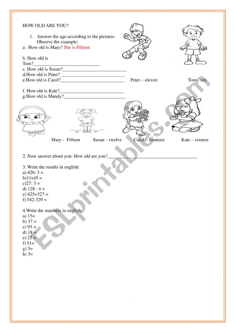 How old and numbers worksheet