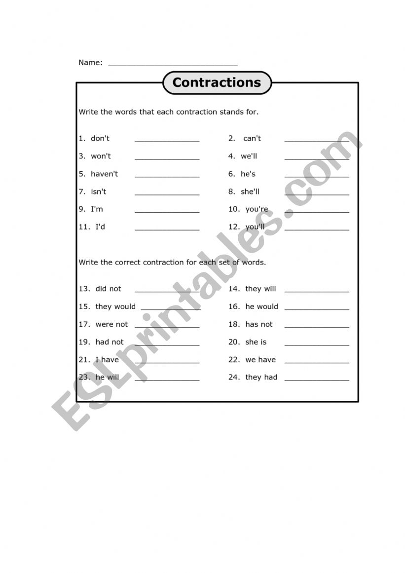 Contractions worksheet