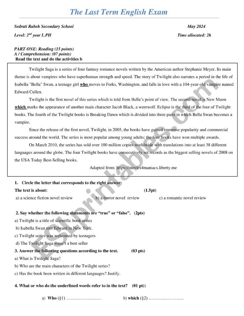 last terme exam 2nd year Lph worksheet