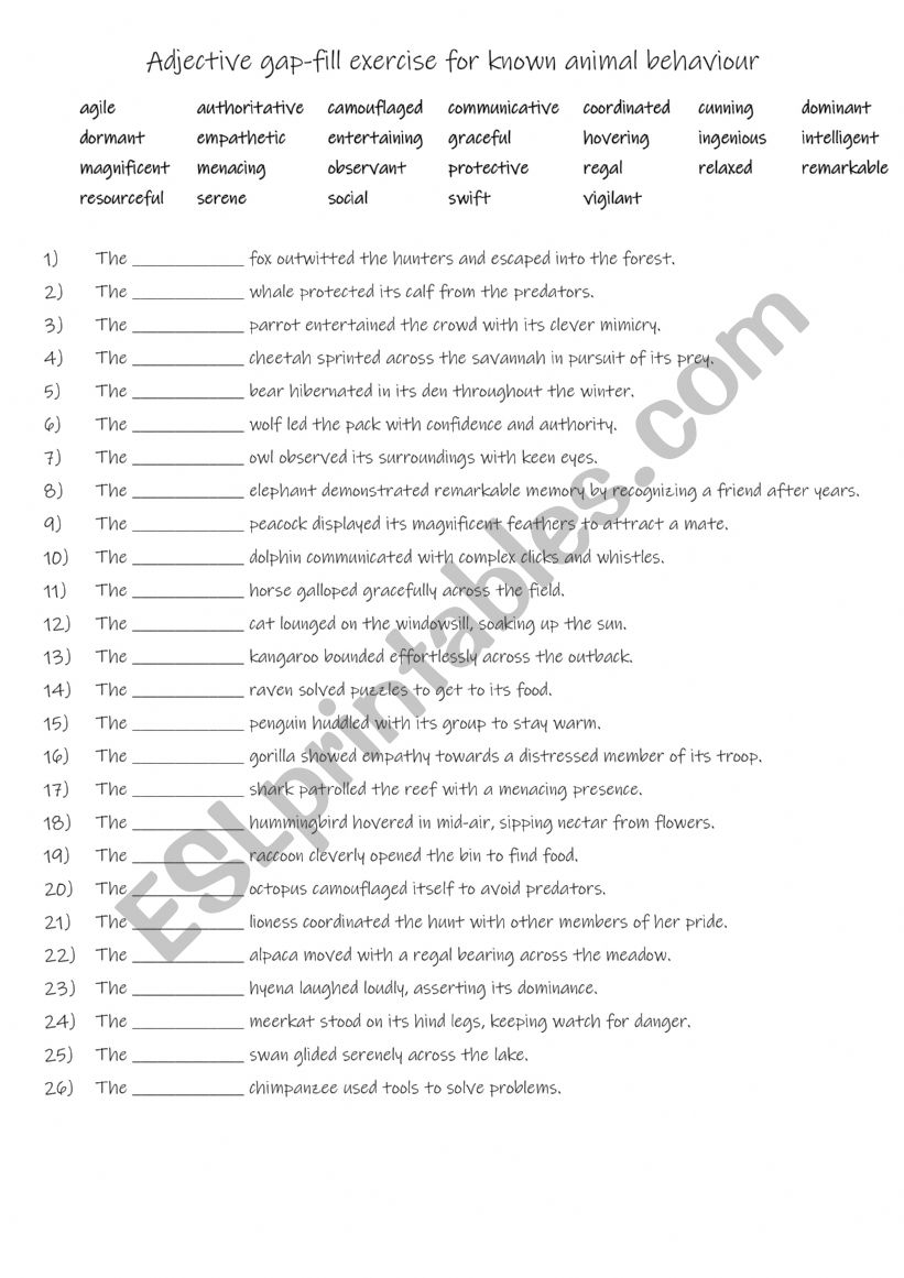 B2-C1 Adjective gap-fill exercise for known animal behaviour