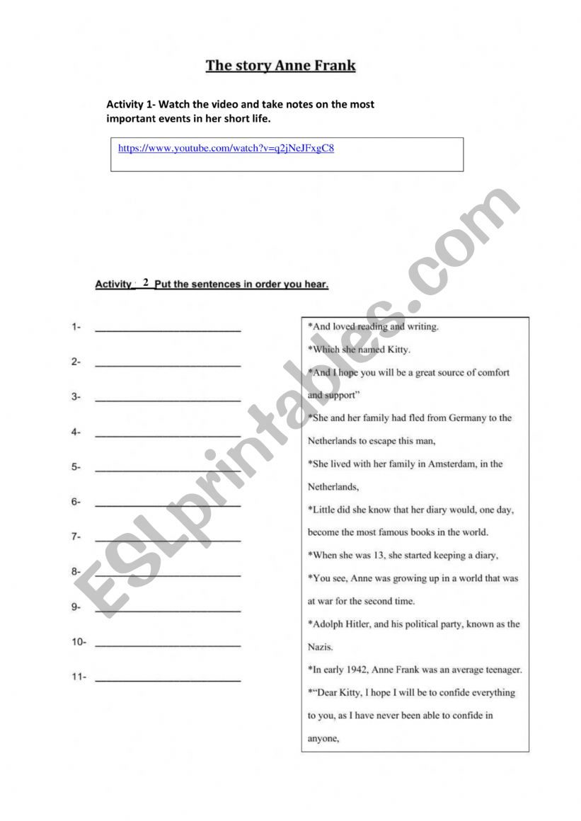 Anne Frank worksheet