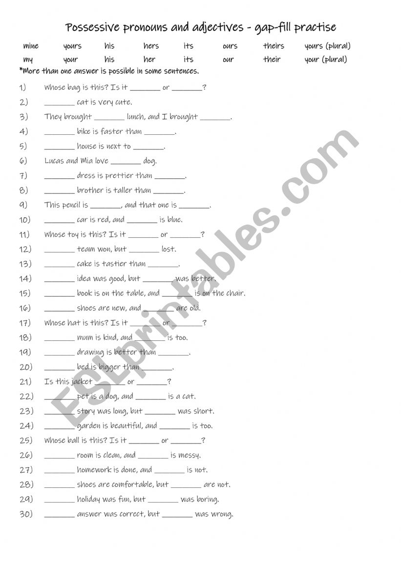 Possessive pronouns and adjectives - gap-fill practise