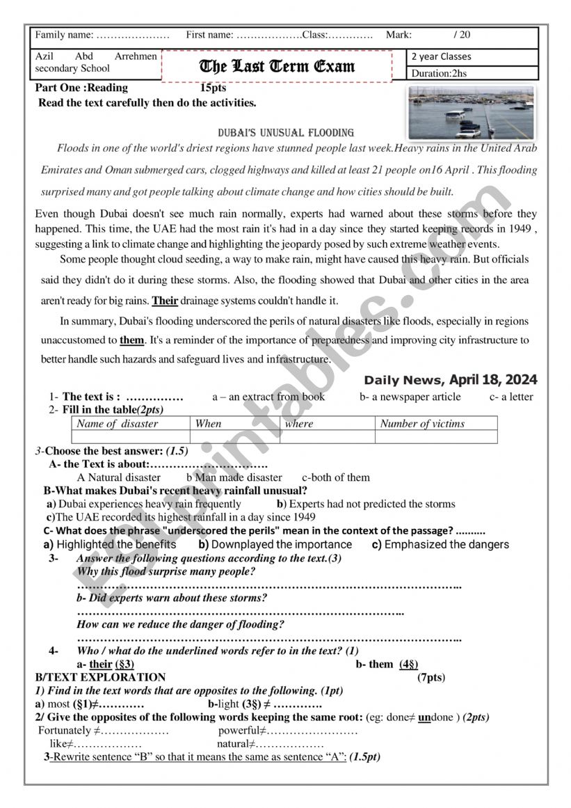 flood in Dubai exam worksheet