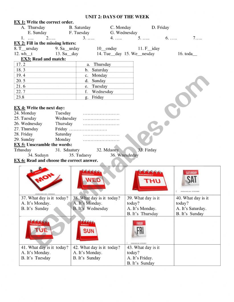 Days of week worksheet