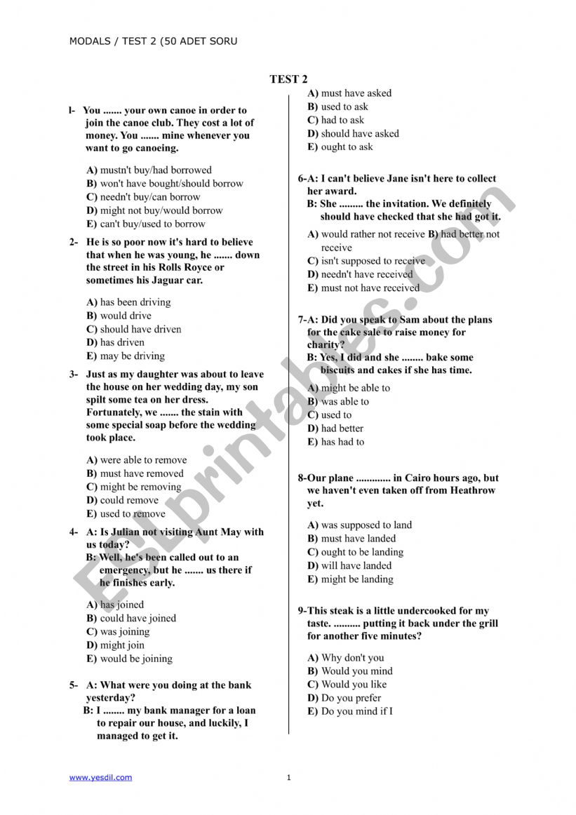 modals test 2 worksheet