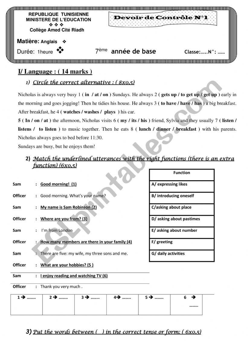 7th form mid term test 1  worksheet