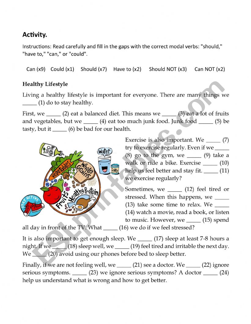 Complete the text MODALS  worksheet