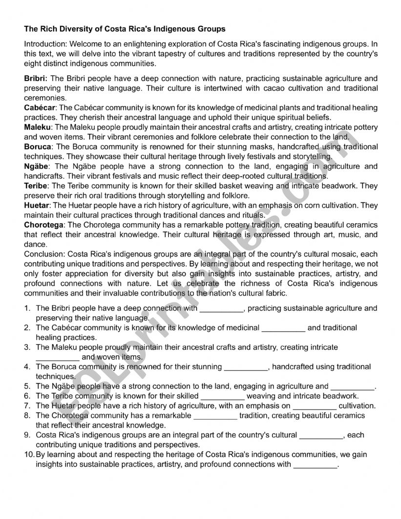 costa ricas heritage worksheet