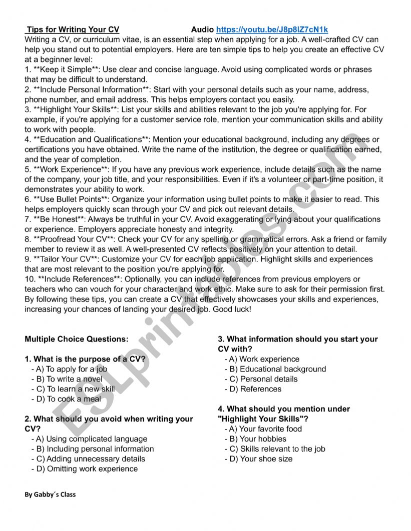 TIPS FOR WRITING YOUR RESUME worksheet