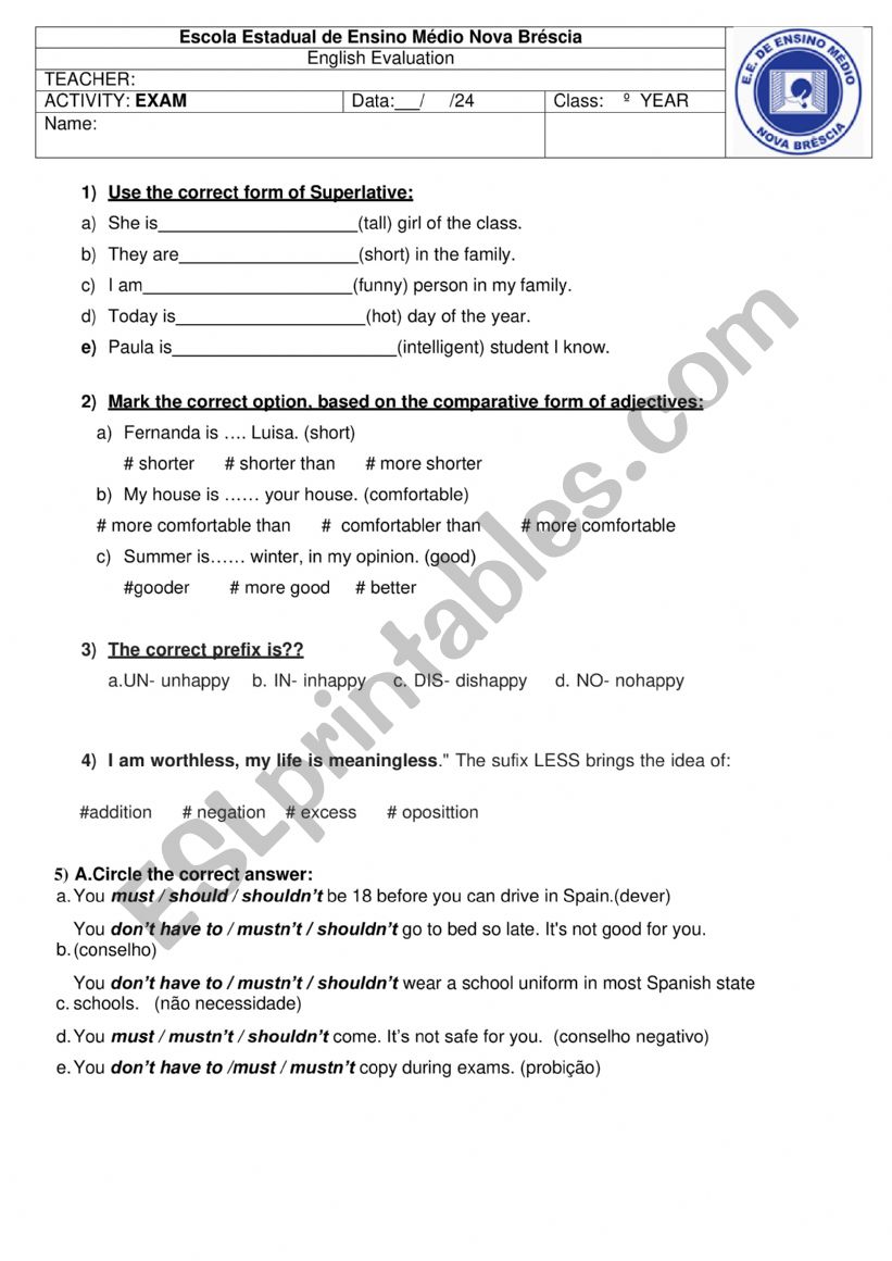 Exam worksheet