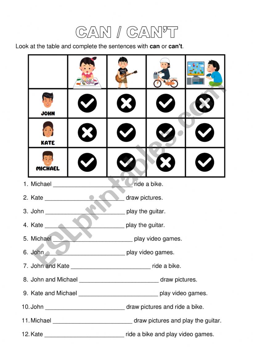 Actions - Can x Cant - ESL worksheet by teacherlizbr13