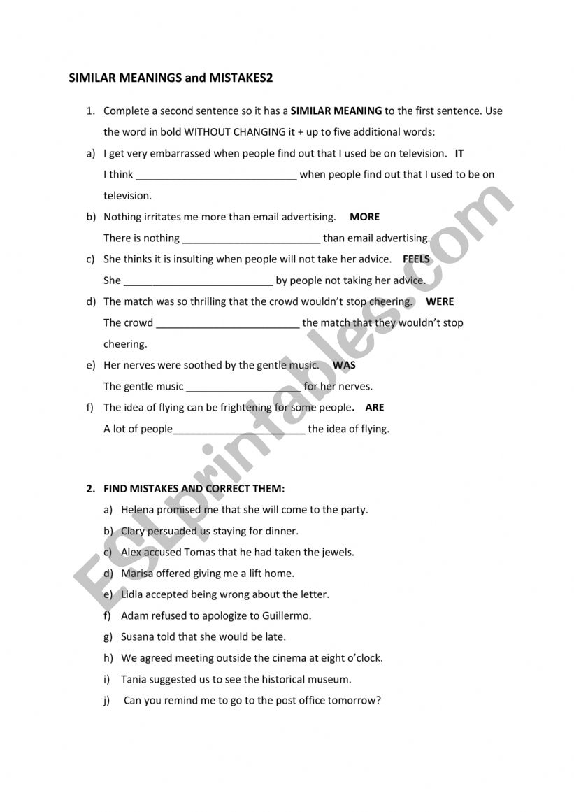 SIMILAR MEANINGS AND MISTAKES worksheet