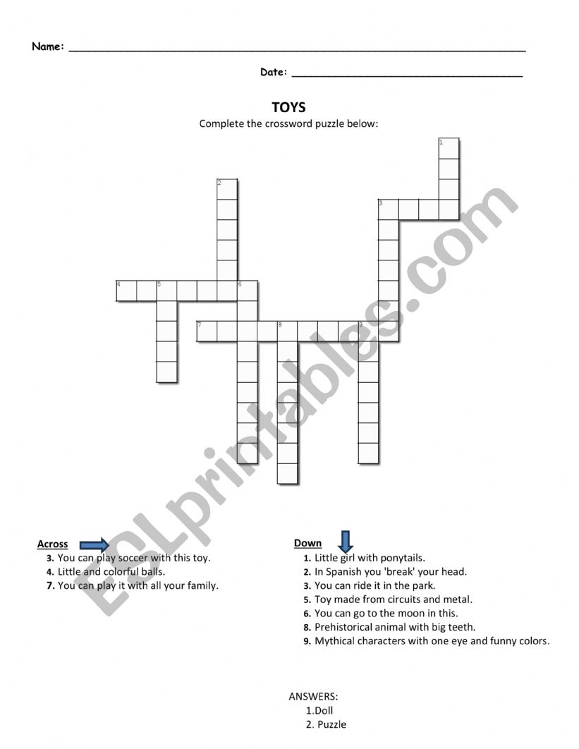 Toys crossword puzzle worksheet