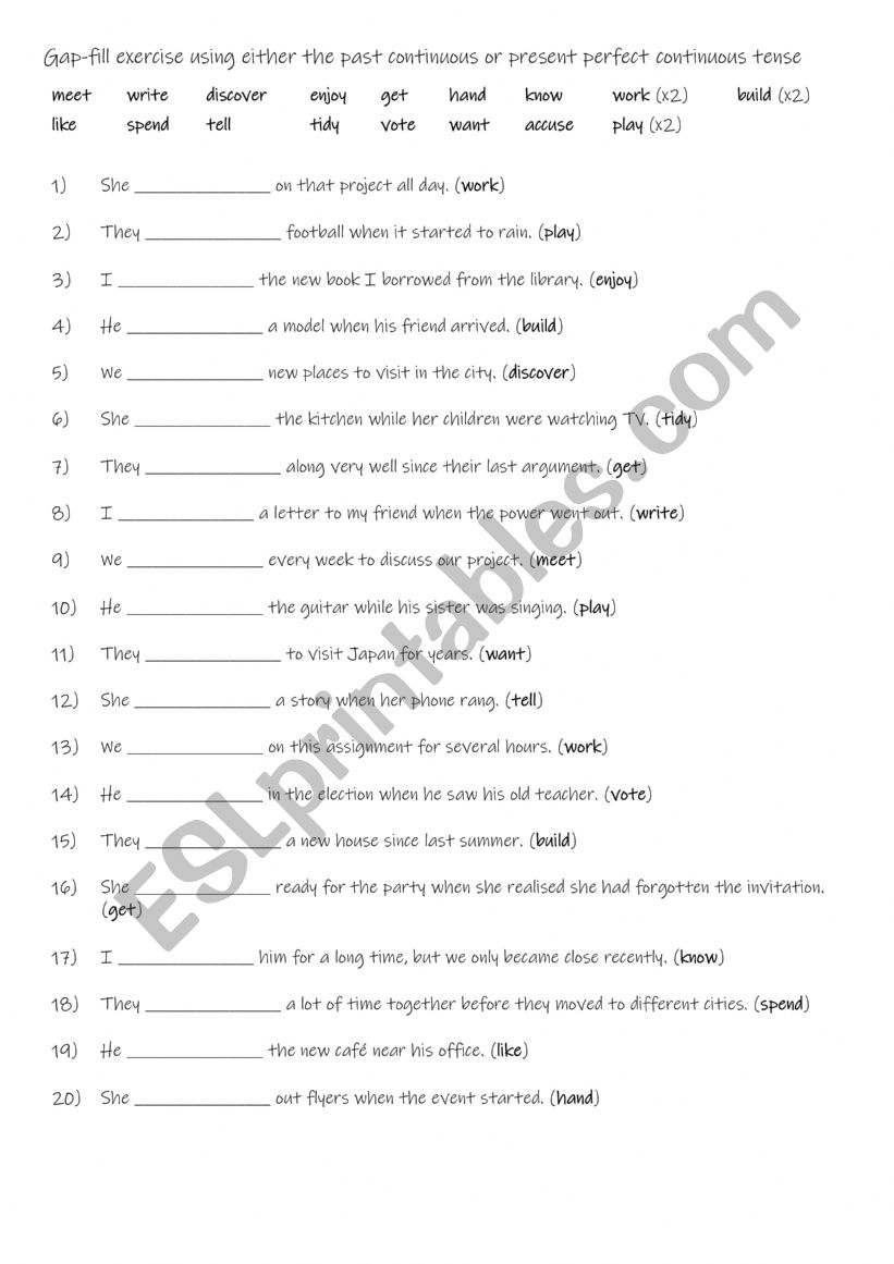 A2+-B1 Gap-fill exercise using either the past continuous or present perfect continuous tense