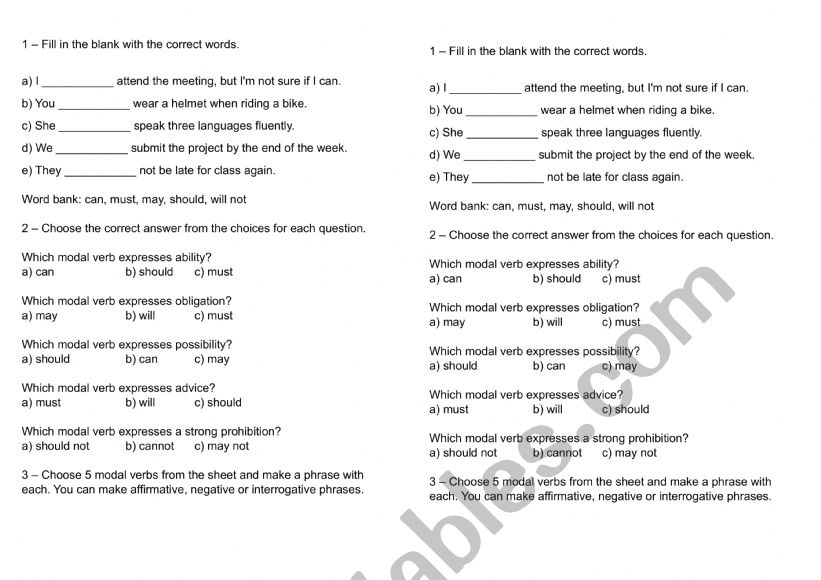 Modal Verbs exercises worksheet