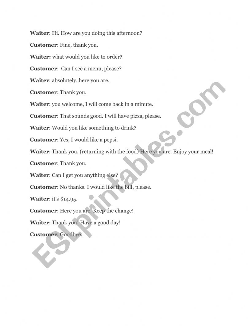 ordering food role play worksheet