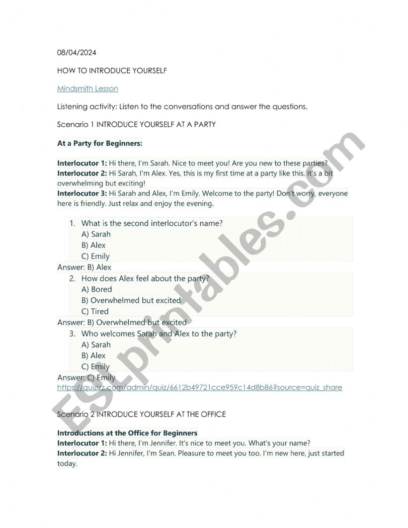 How to introduce oneself worksheet