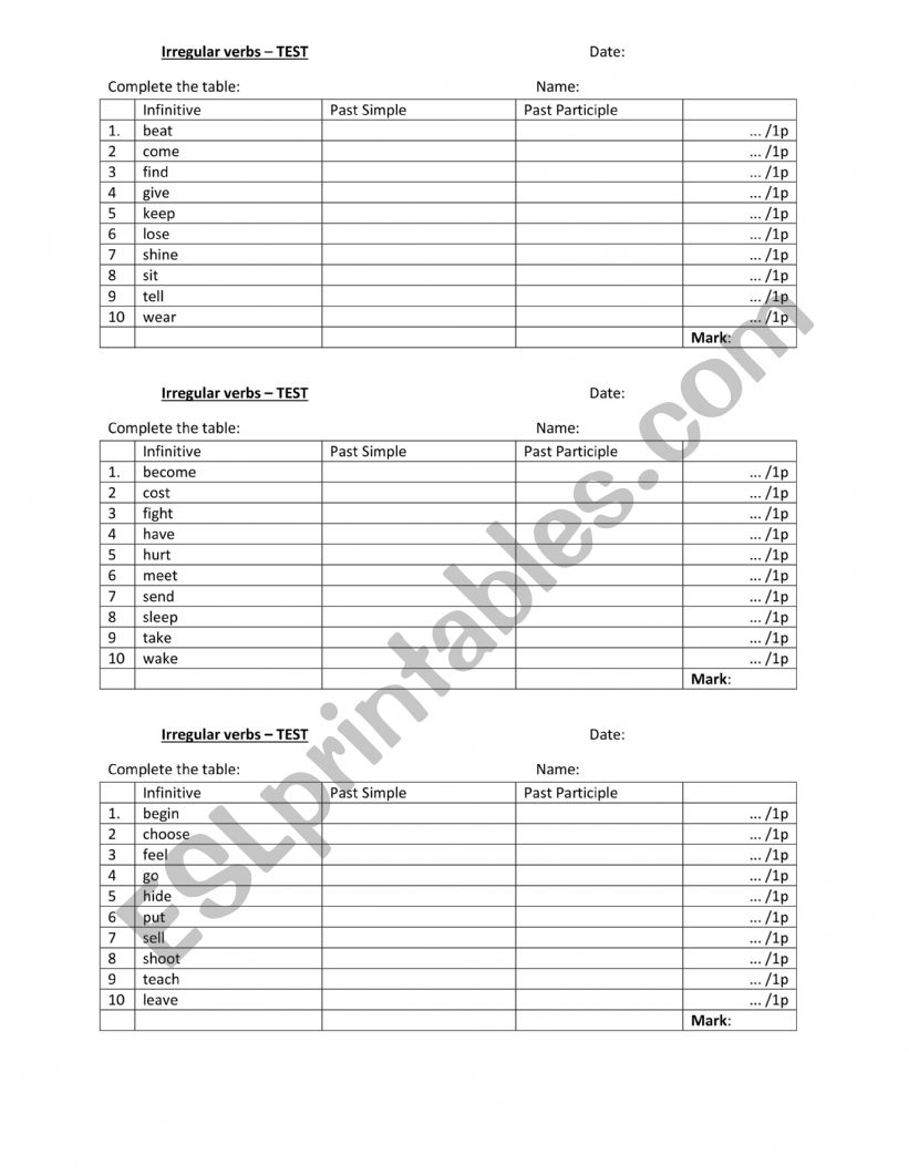 Irregular verbs test worksheet