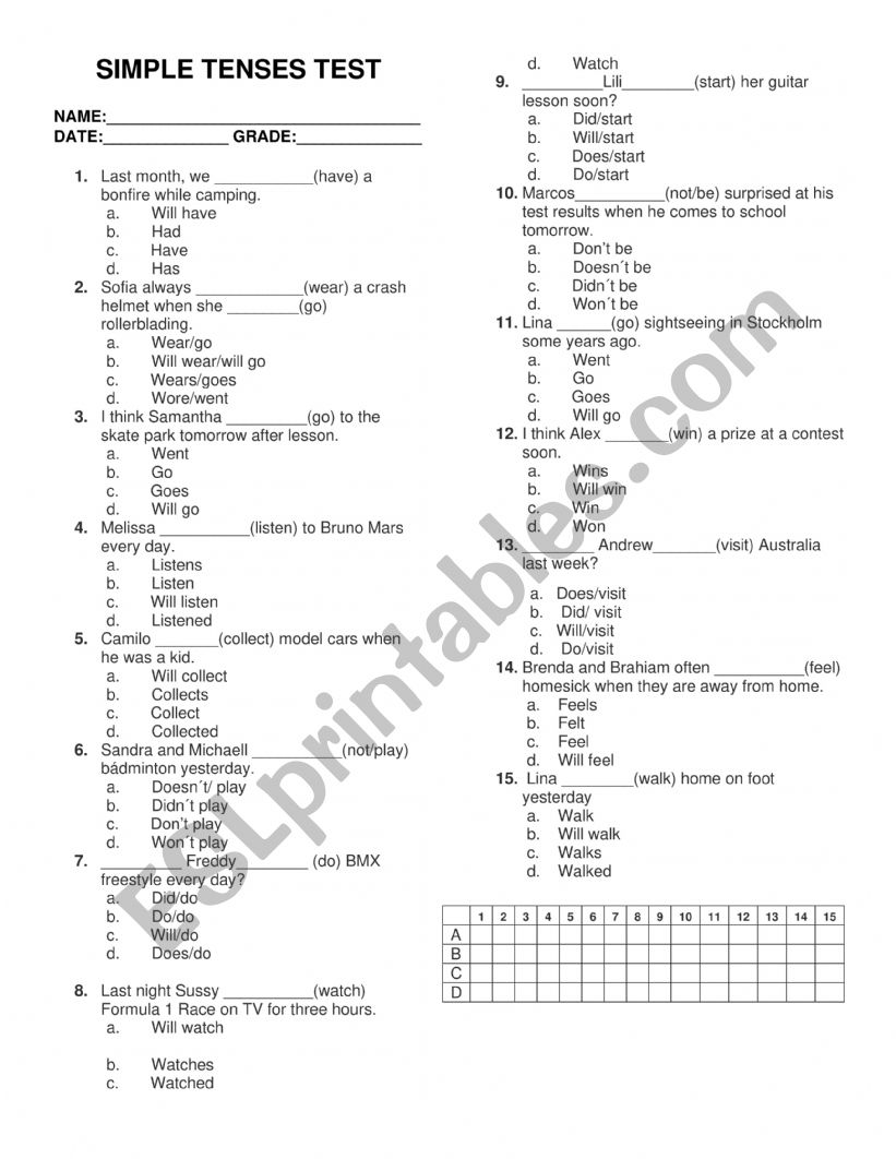 SIMPLE TENSES TEST worksheet