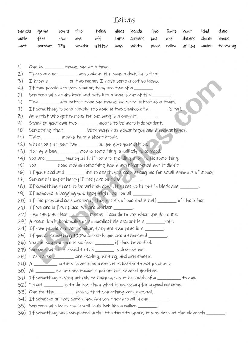 B2-C1 36 Idioms worksheet