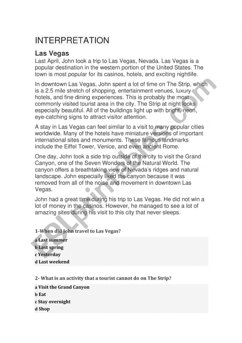 LAS VEGAS INTERPRATATIONS  worksheet