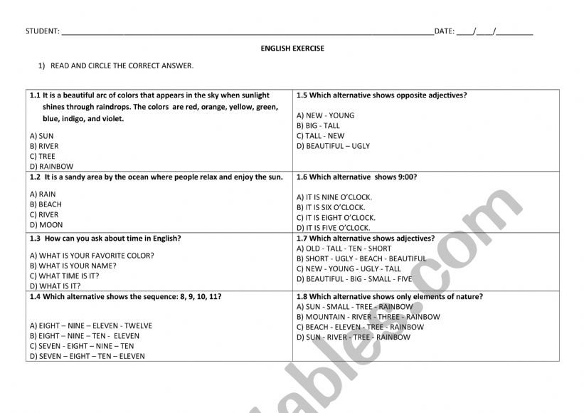 Test about Elements of Nature worksheet