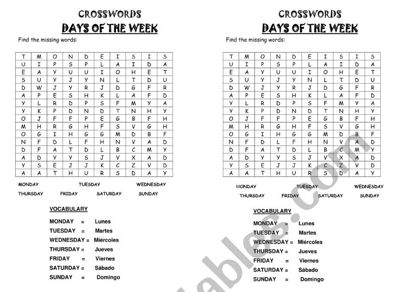 days of the week wordsearch worksheet