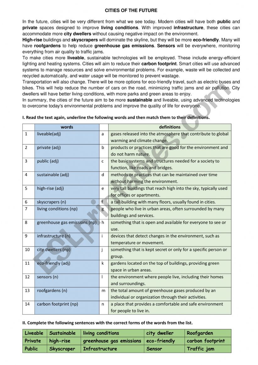 CITIES OF THE FUTURE worksheet