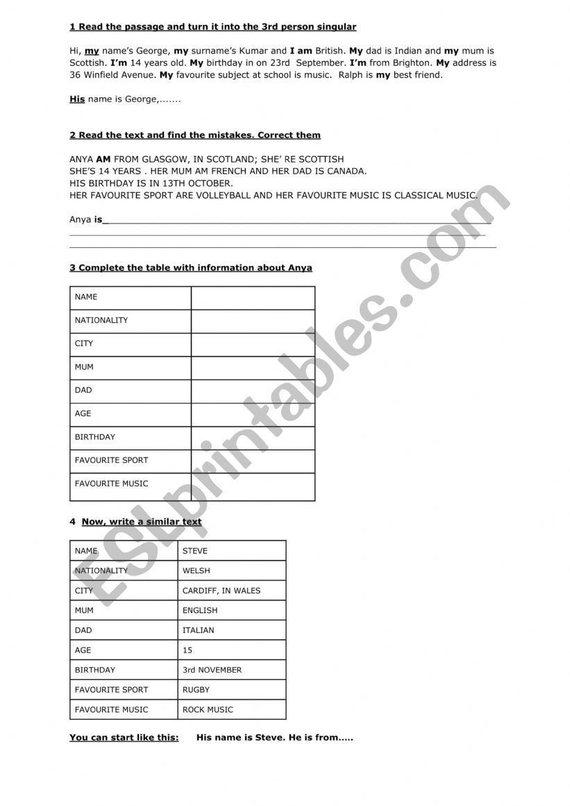 Description of people worksheet