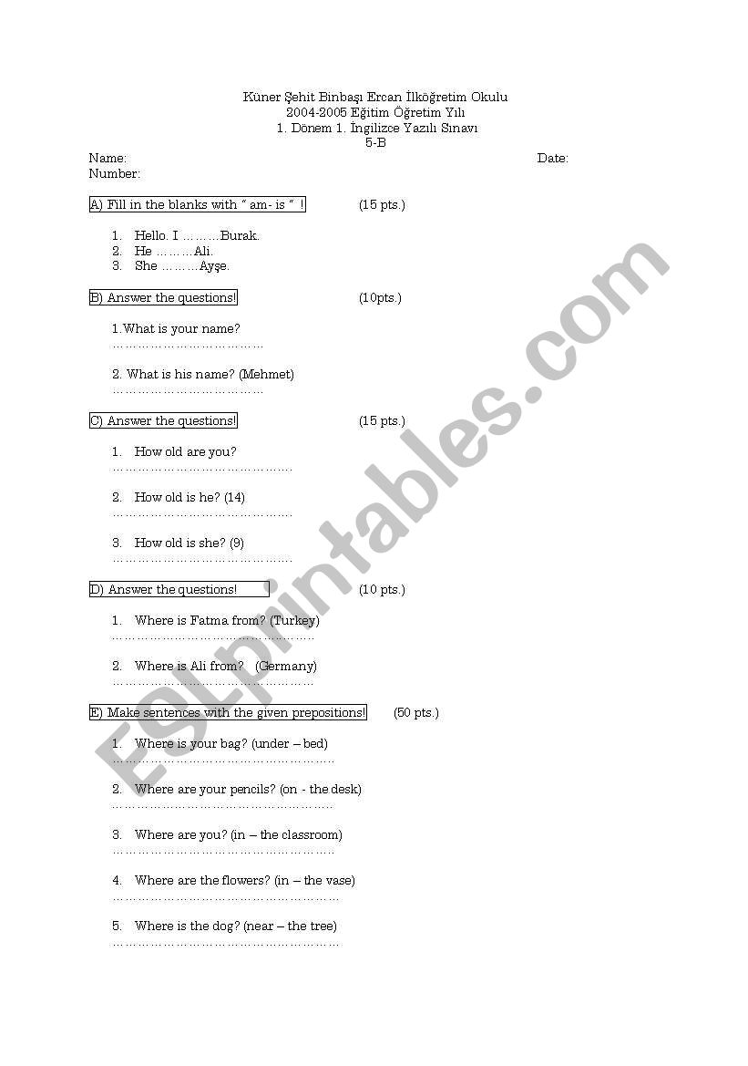 an exam worksheet