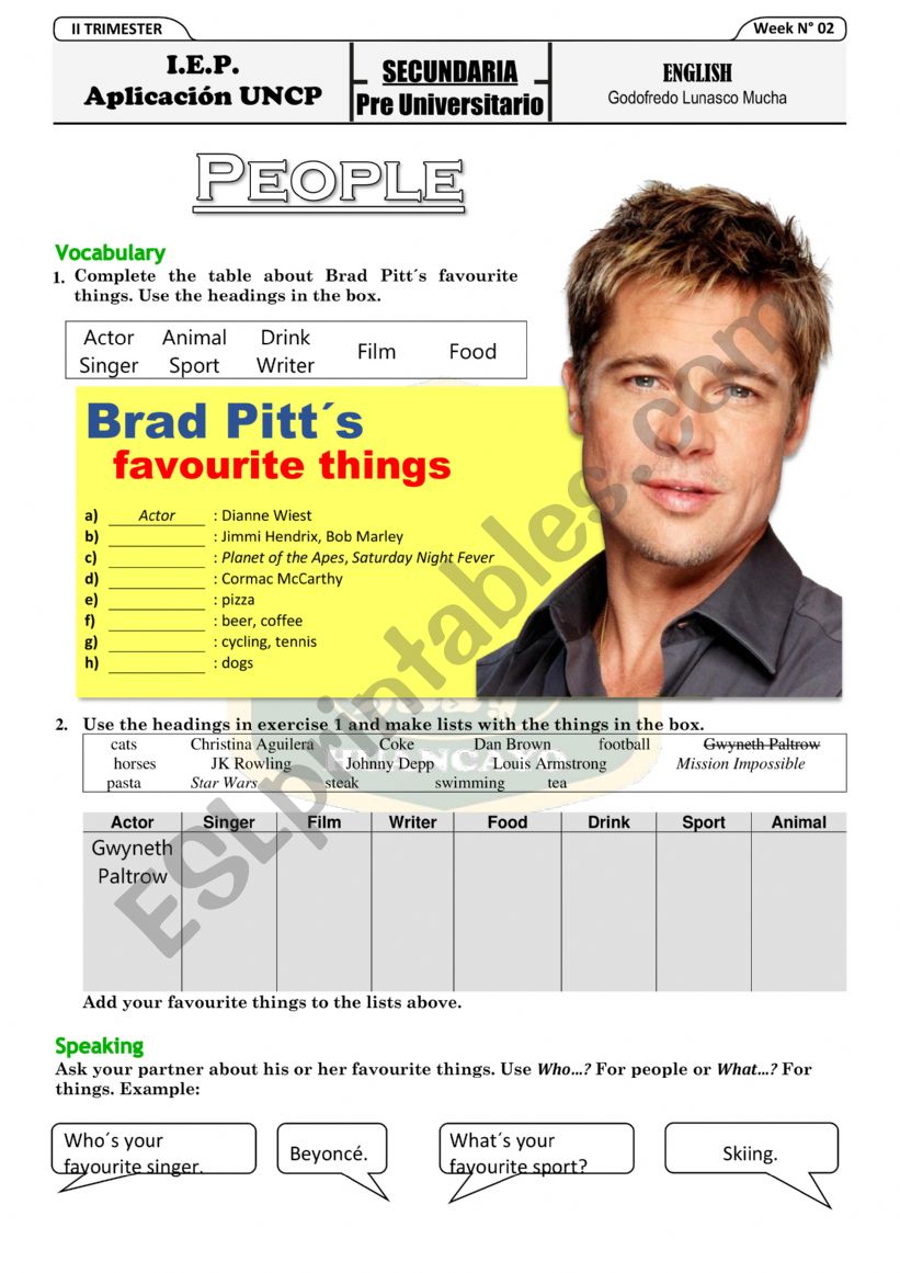 PEOPLE FAVOURITE THINGS worksheet