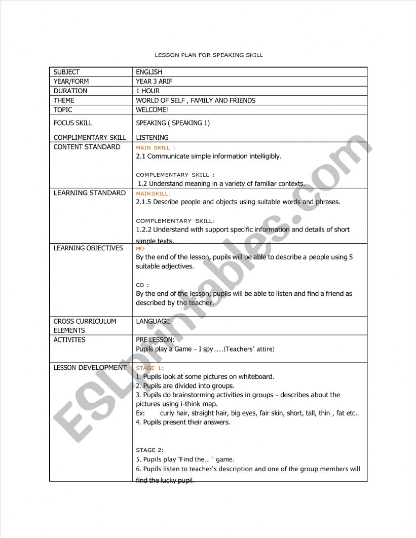 Speaking lesson planning worksheet