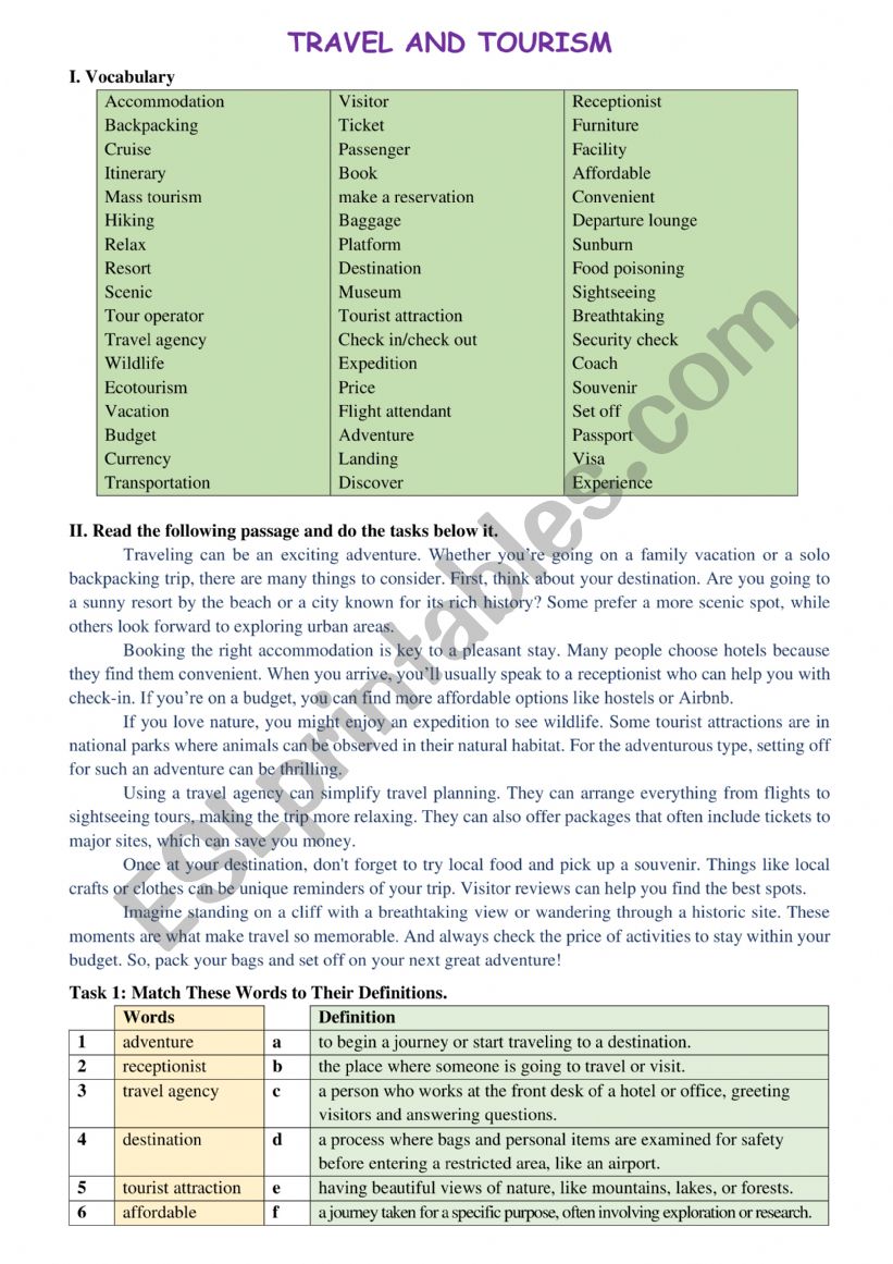 TRAVEL AND TOURISM worksheet