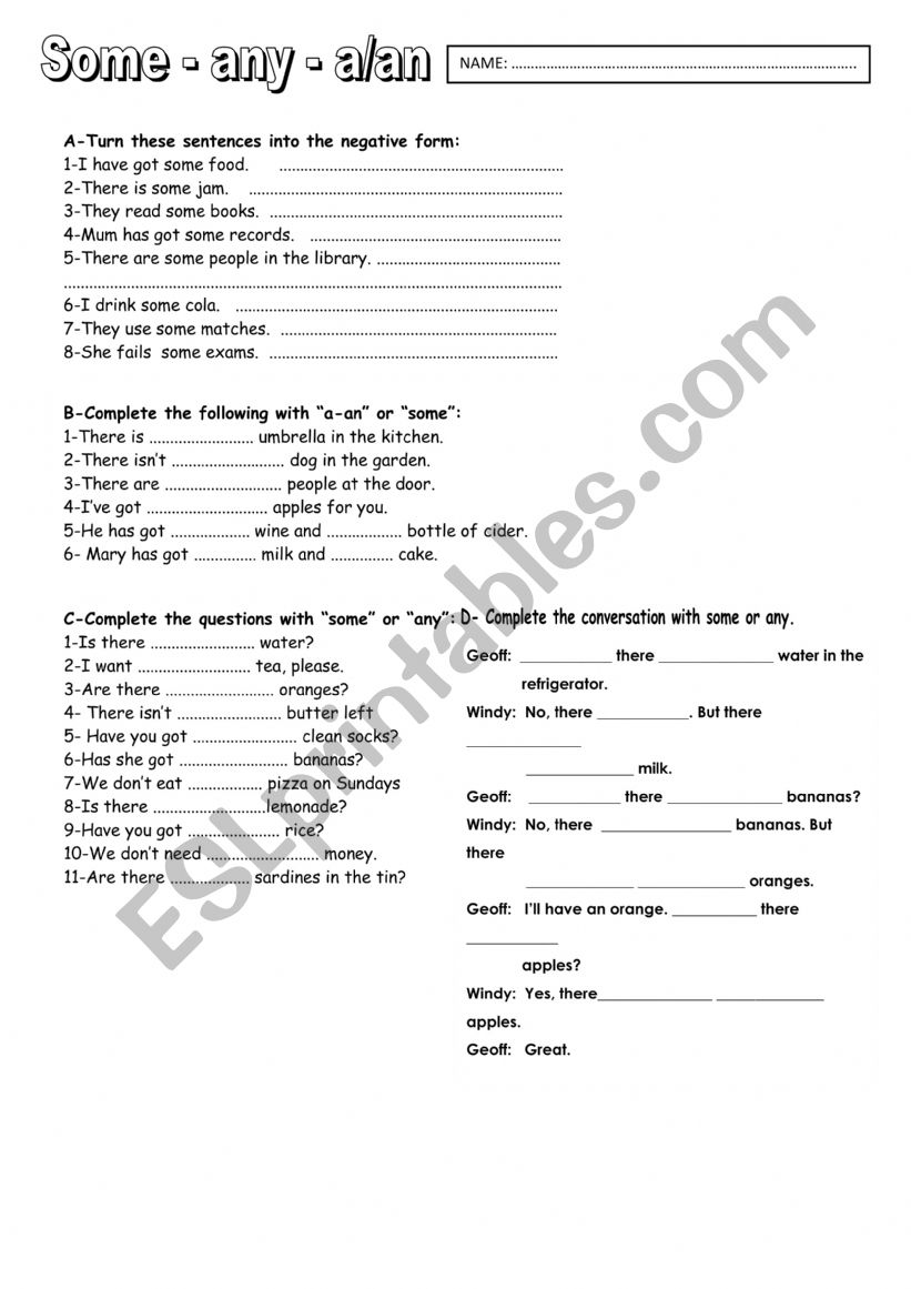 ESL some/any worksheet