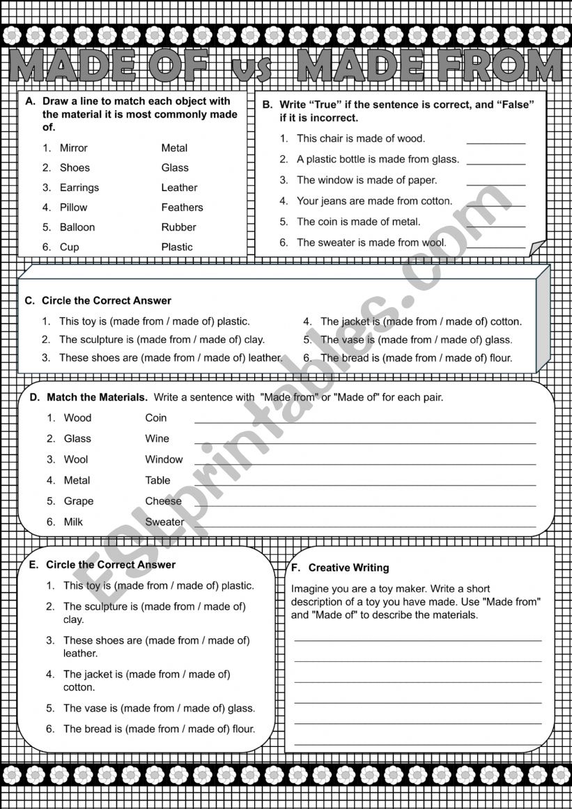 MADE OF vs MADE FROM worksheet