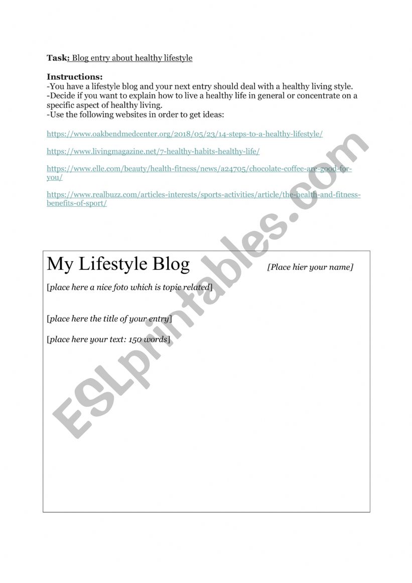 Write a blog entry worksheet