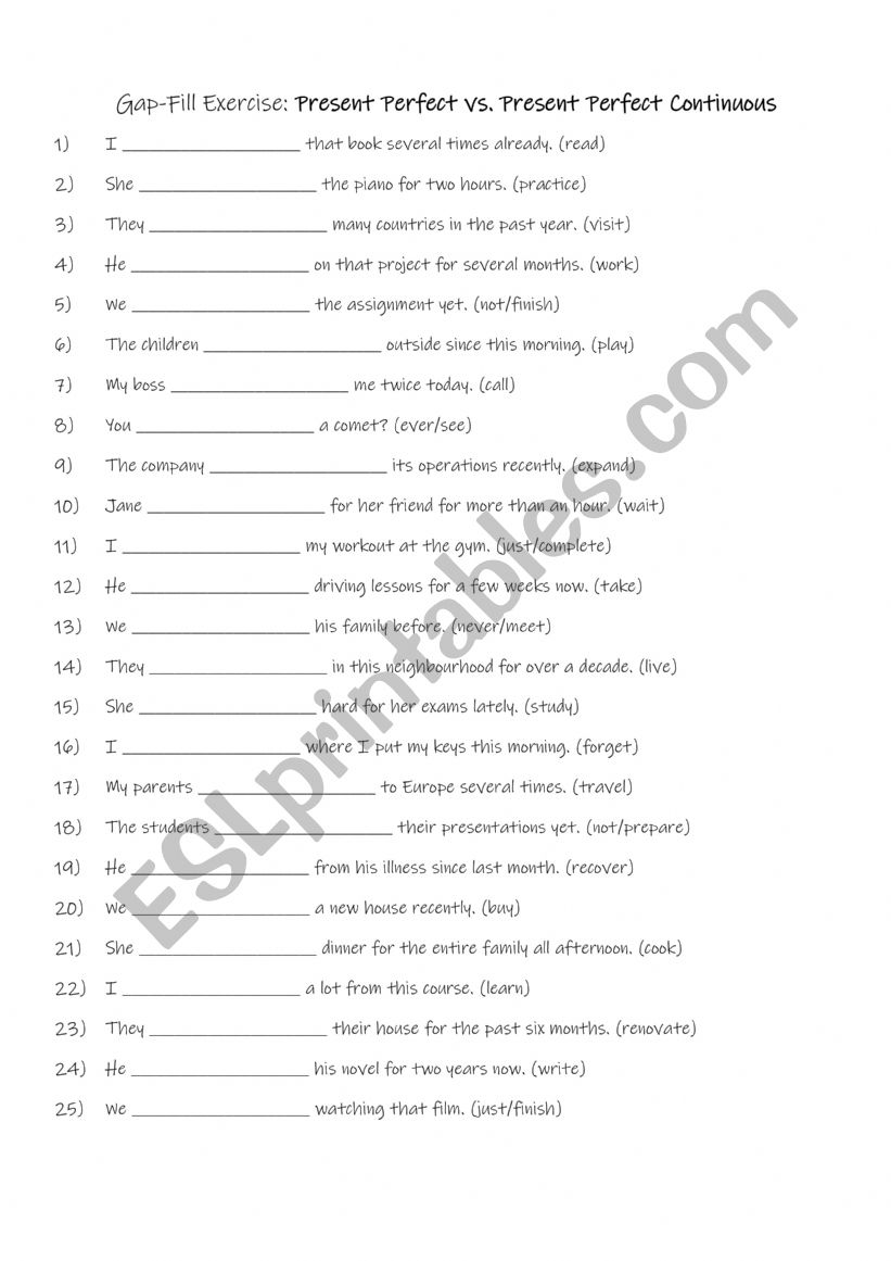 Gap-Fill Exercise: Present Perfect vs. Present Perfect Continuous